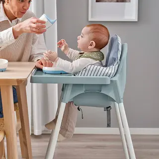 ANTILOP set: highchair with tray + supporting cushion and cover, grey-blue/white + blue/white striped, Width 56 x Depth 60 x Height 90 cm