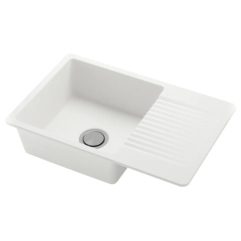 KILSVIKEN white quartz sink, single bowl with drainboard, heat and stain-resistant, modern design.