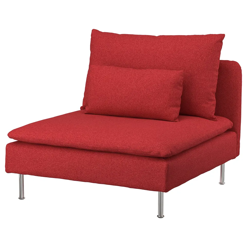 Red upholstered armchair with metal legs, modern design, removable cover, soft polyester fabric.