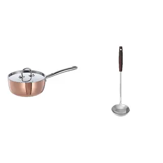FINMAT/SLITSTARK set: saucepan with lid + ladle with separator, copper/stainless steel + stainless steel/walnut, 1.5 l