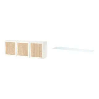 BESTÅ set: wall-mounted cabinet combination + top panel, white Studsviken/white woven poplar + glass white/light green, 180x42x64 cm