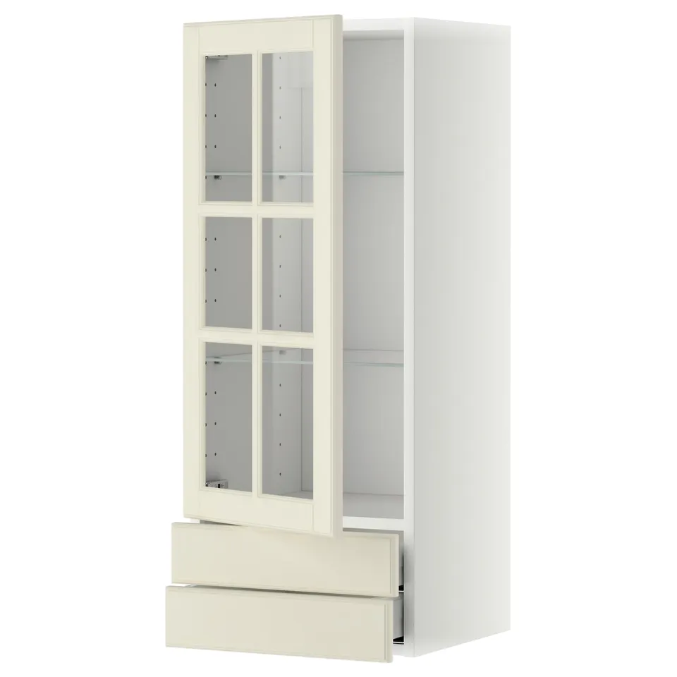 METOD kitchen unit, off-white, glass doors, bevelled edges, 3 shelves.