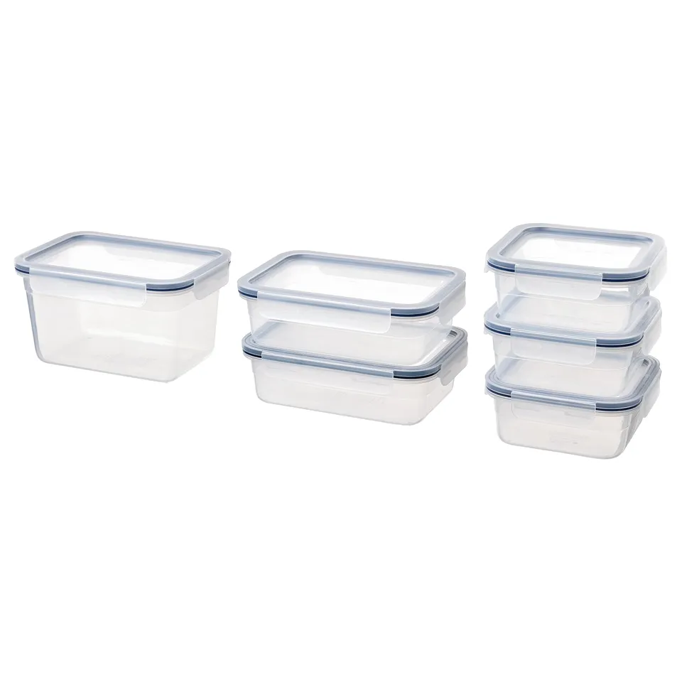 Six transparent rectangular ikea food containers with blue lids, stacked neatly in two piles of three.