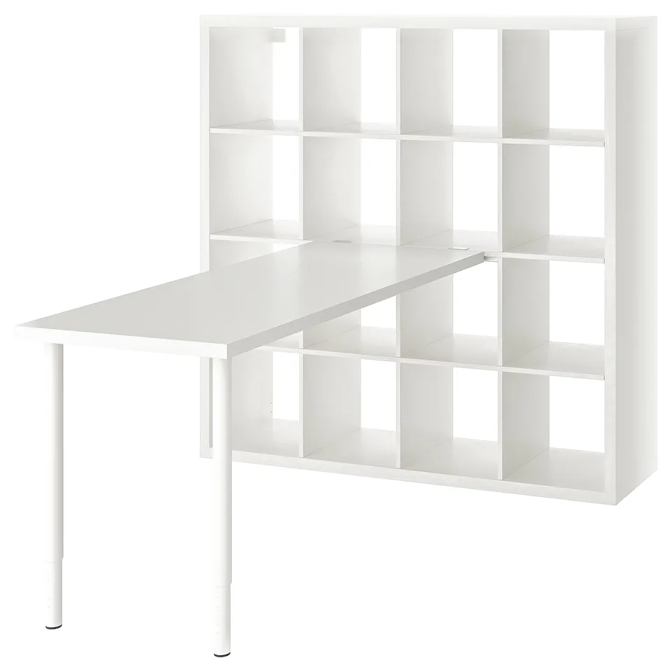 White KALLAX shelving with lagkapten table, modern and functional.