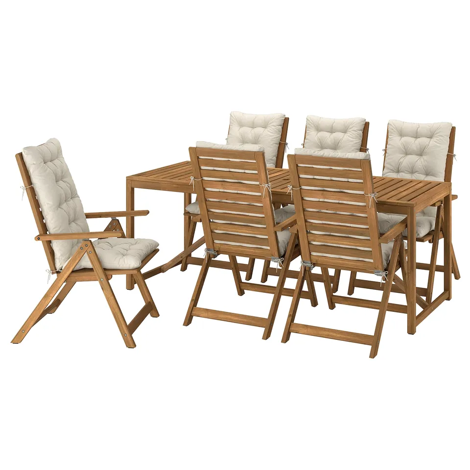 The NÄMMARÖ patio set includes a rectangular table and six acacia wood chairs with beige cushions. Perfect for outdoor relaxation.