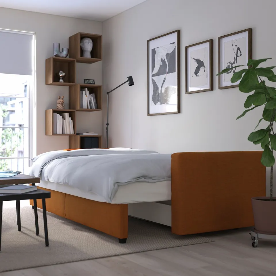 Modern bedroom with convertible bed, shelves, and plant.