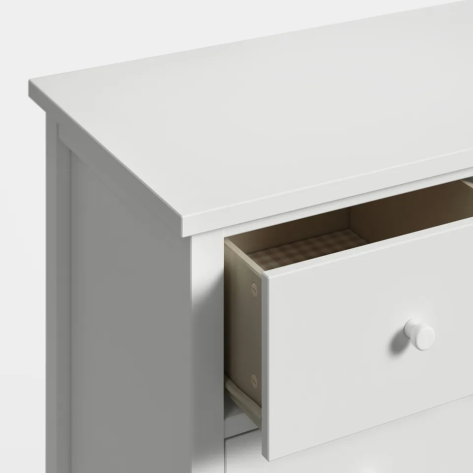 GULLABERG white chest of drawers with open drawer, wooden knobs, smooth-running drawers, light grey interior, wall-anchoring feature for safety.