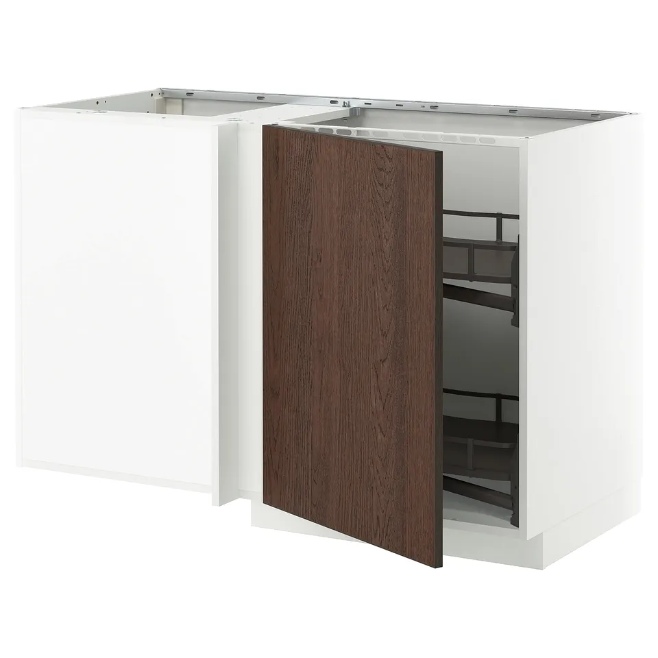 White modern kitchen cabinet with dark brown door, wood edging, pull-out shelf.