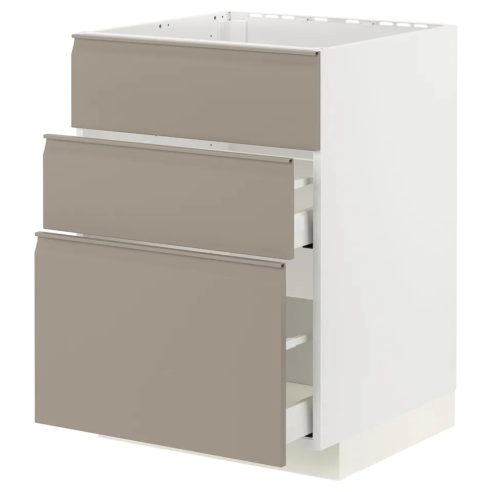 A kitchen cabinet unit called METOD with three drawers in grey-beige. It has a modern design and a sturdy rectangular frame.