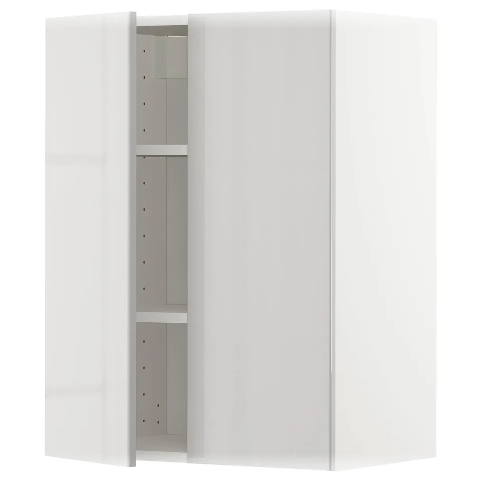 Modern white corner cabinet, glossy finish, two doors, grey shelves.