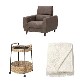 HORNMAL/LUBBAN/RULLERUM set: recliner, electric + trolley table with storage, Tornarp dark grey-brown + rattan/anthracite + off-white, Depth 94 x Width 97 cm
