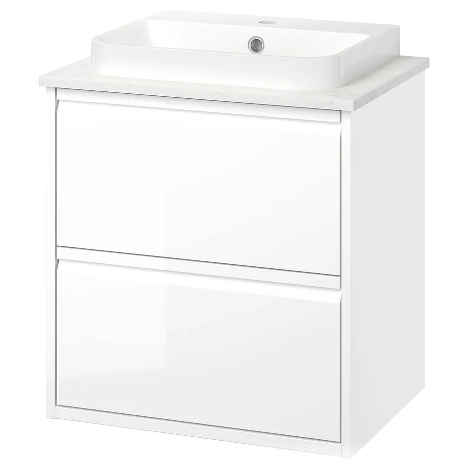 White ÄNGSJÖN bathroom vanity with marble top and sink, sleek modern design.