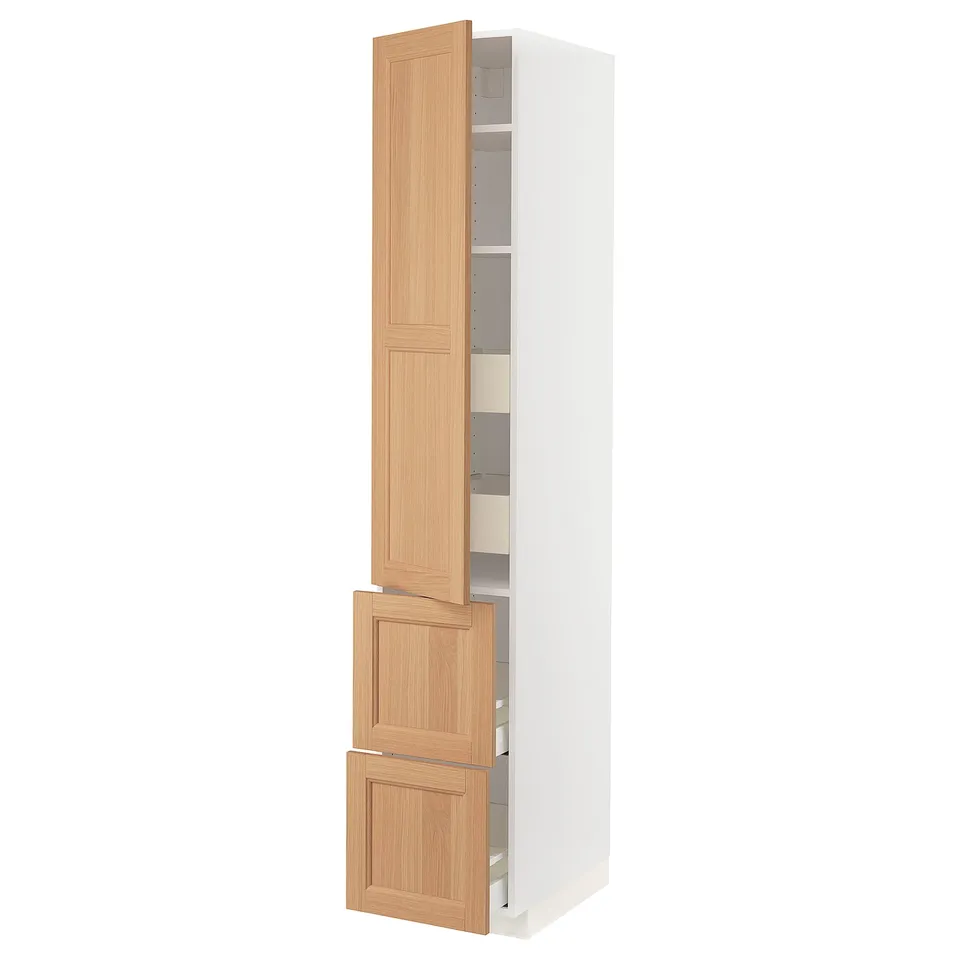 METOD kitchen cabinet in white with oak doors, tall, modern design.