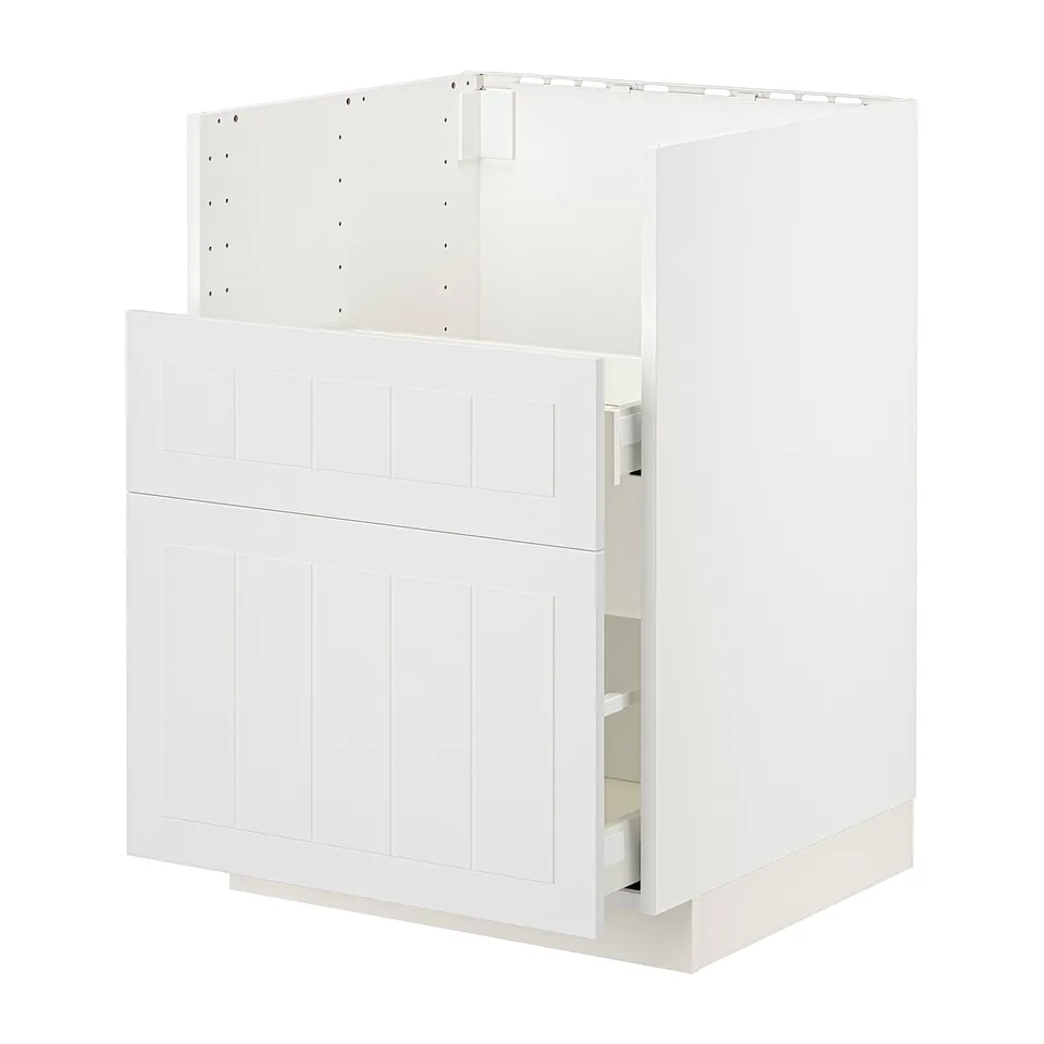 White METOD kitchen cabinet with drawers, modern minimalist design.