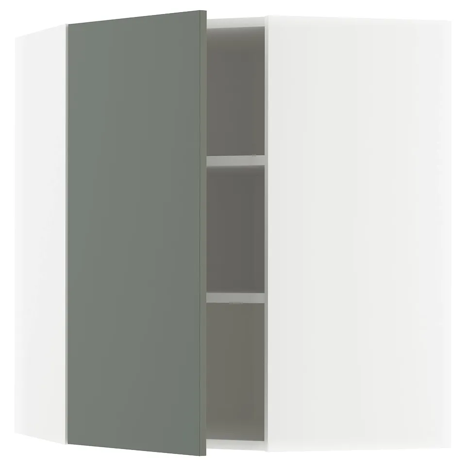 Open grey-green ikea METOD kitchen cabinet with adjustable shelf.