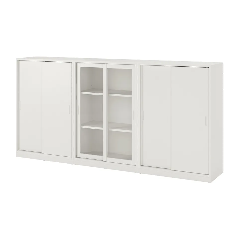 Off-white TONSTAD cabinet with clear glass doors, sliding doors, rectangular shape.
