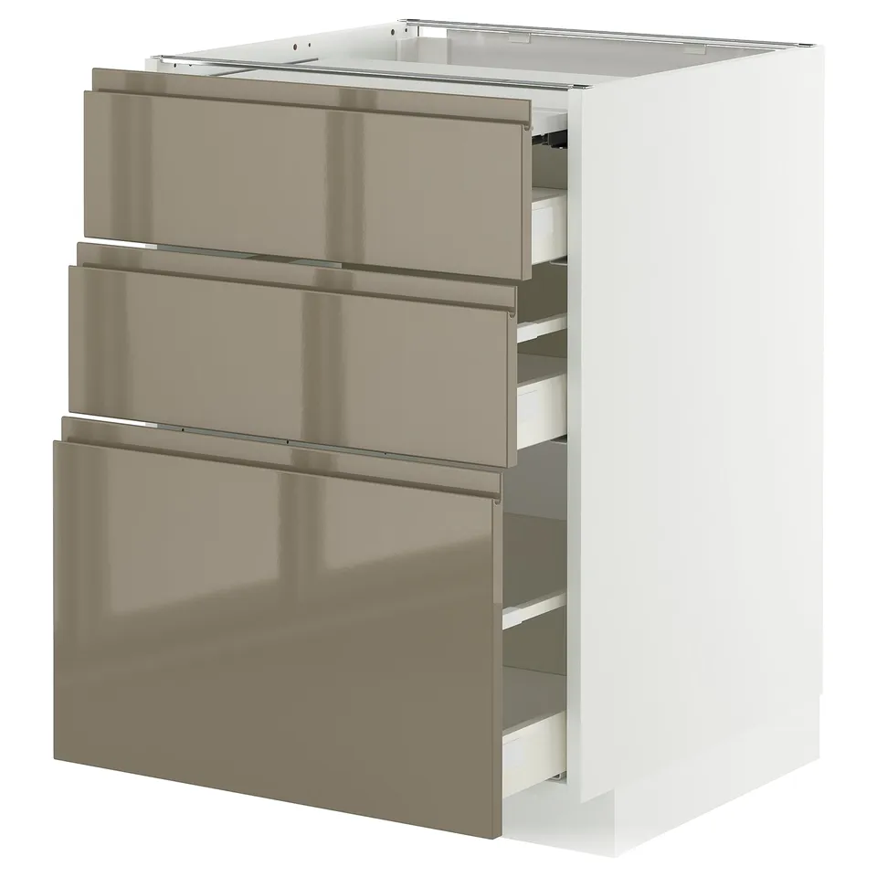 Modern kitchen cabinet, white base, 3 gold-brown drawers, sleek handles, minimalist design.