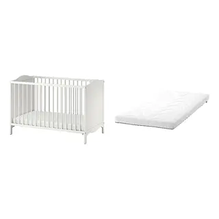KRUMMELUR/SMÅGÖRA set: cot + foam mattress for cot, white, 60x120 cm