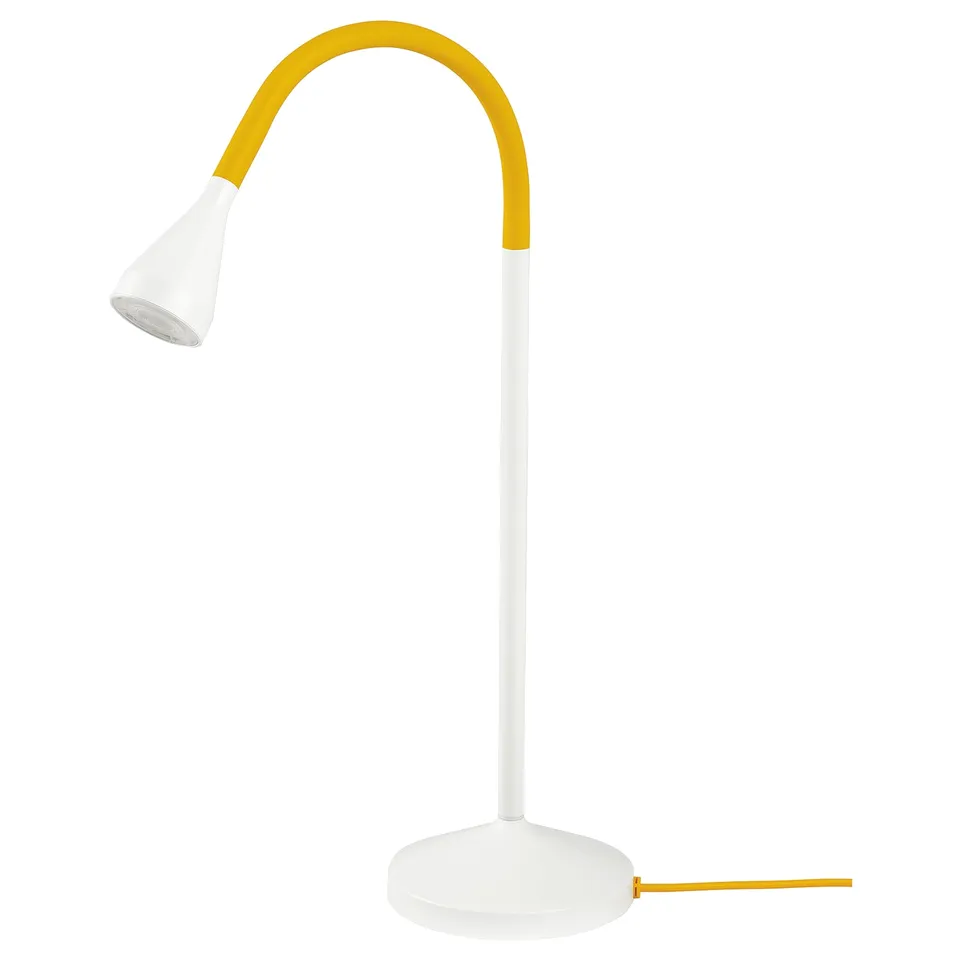 NÄVLINGE table lamp, white & yellow, modern, adjustable neck, round base.