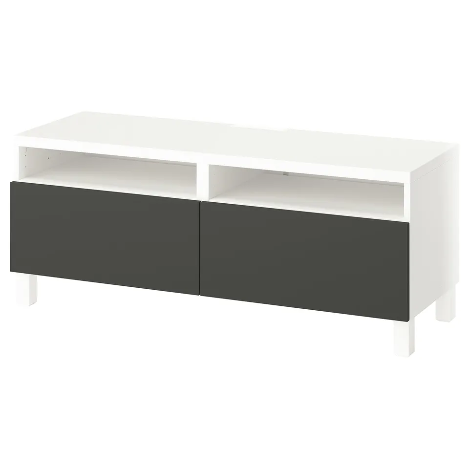White and grey tv stand with two shelves and drawers for storage.
