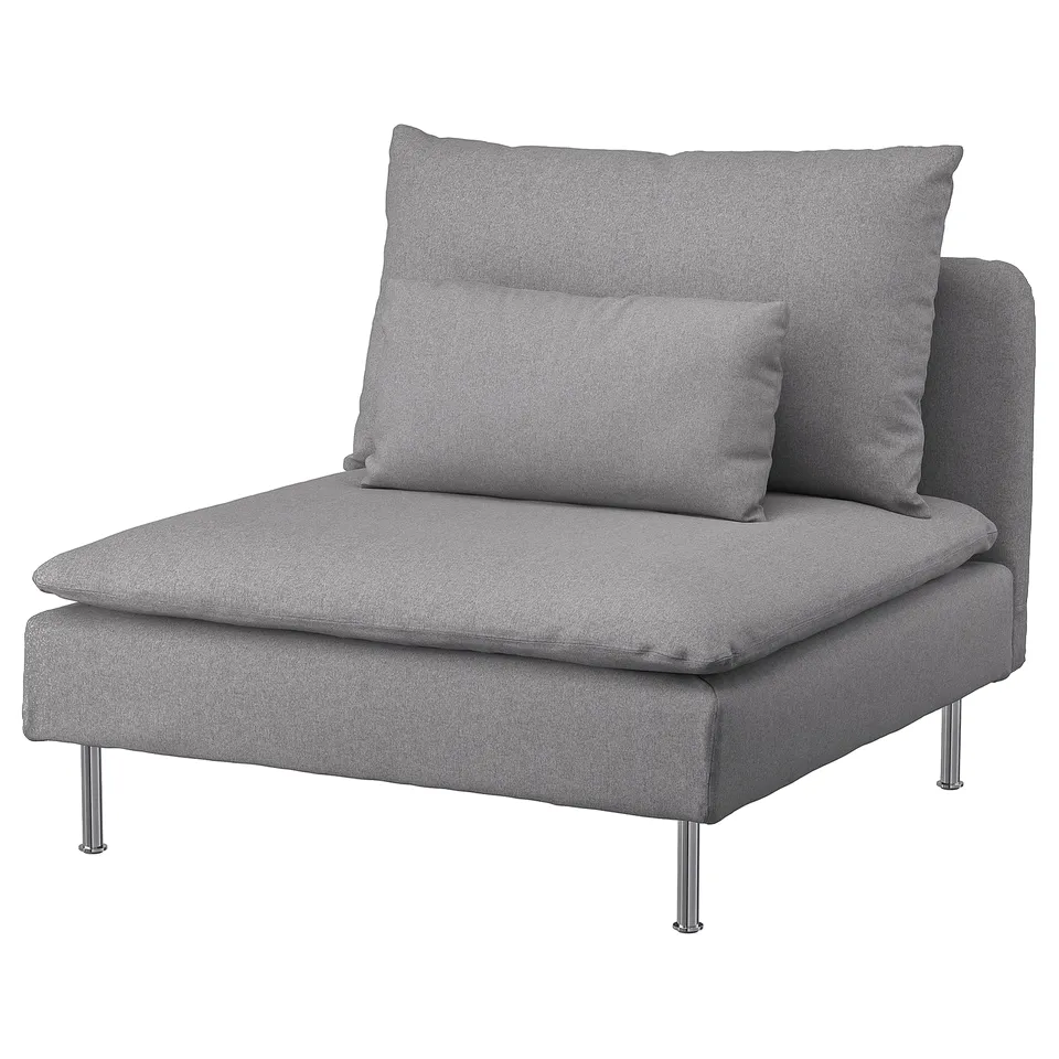 Modern grey SÖDERHAMN chair, light grey, soft polyester, high legs, deep seat.