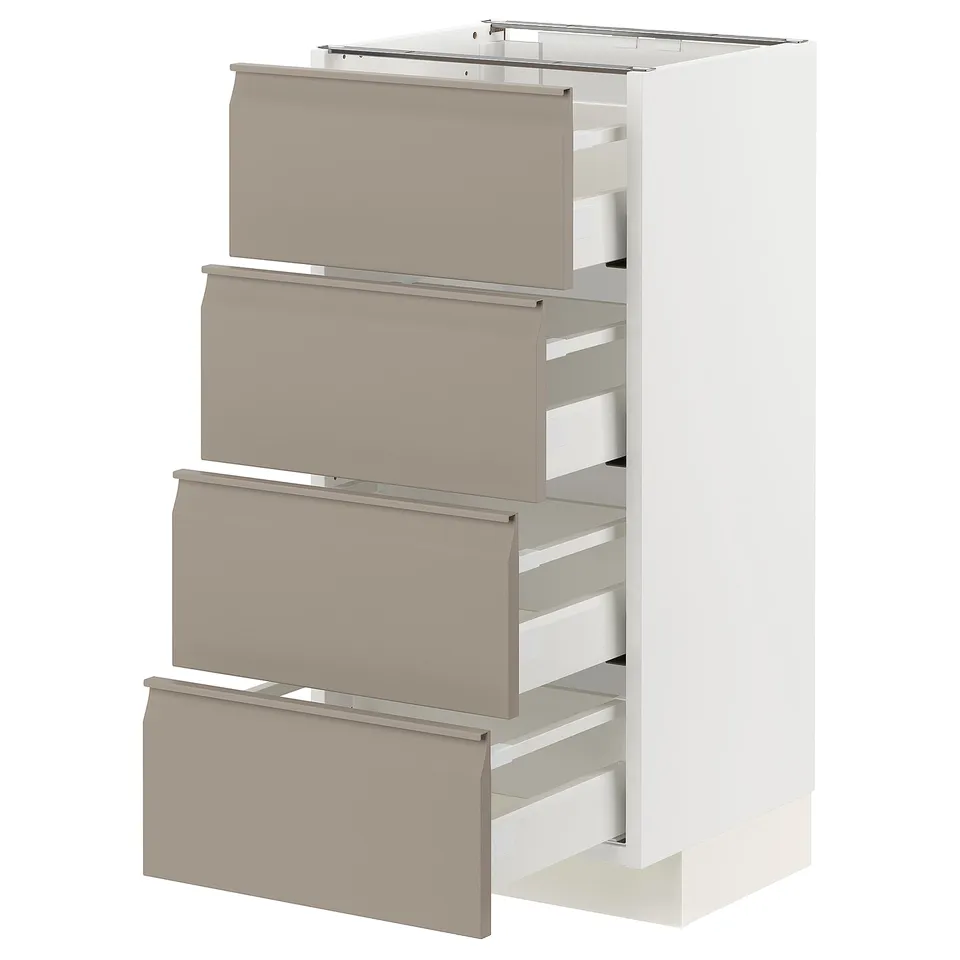 Modern kitchen cabinet in grey-beige with four open drawers, sleek handles, and smooth edges.