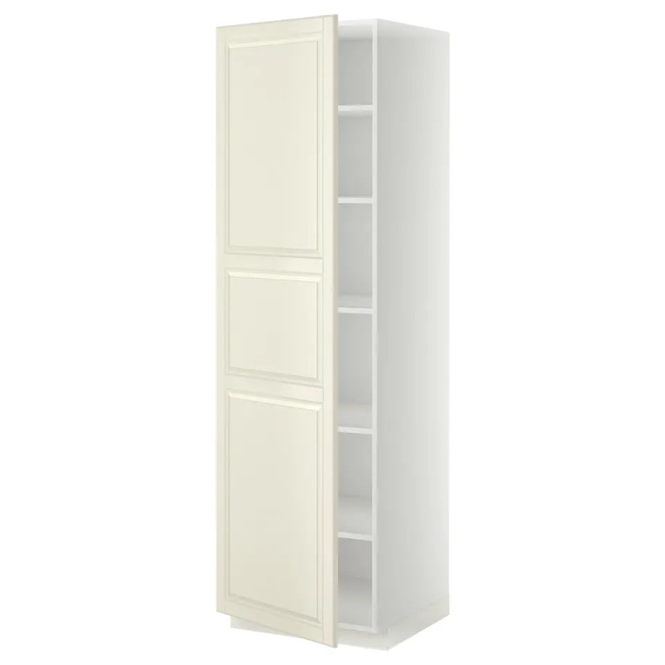White tall cabinet with off-white doors, adjustable shelf, classic design.