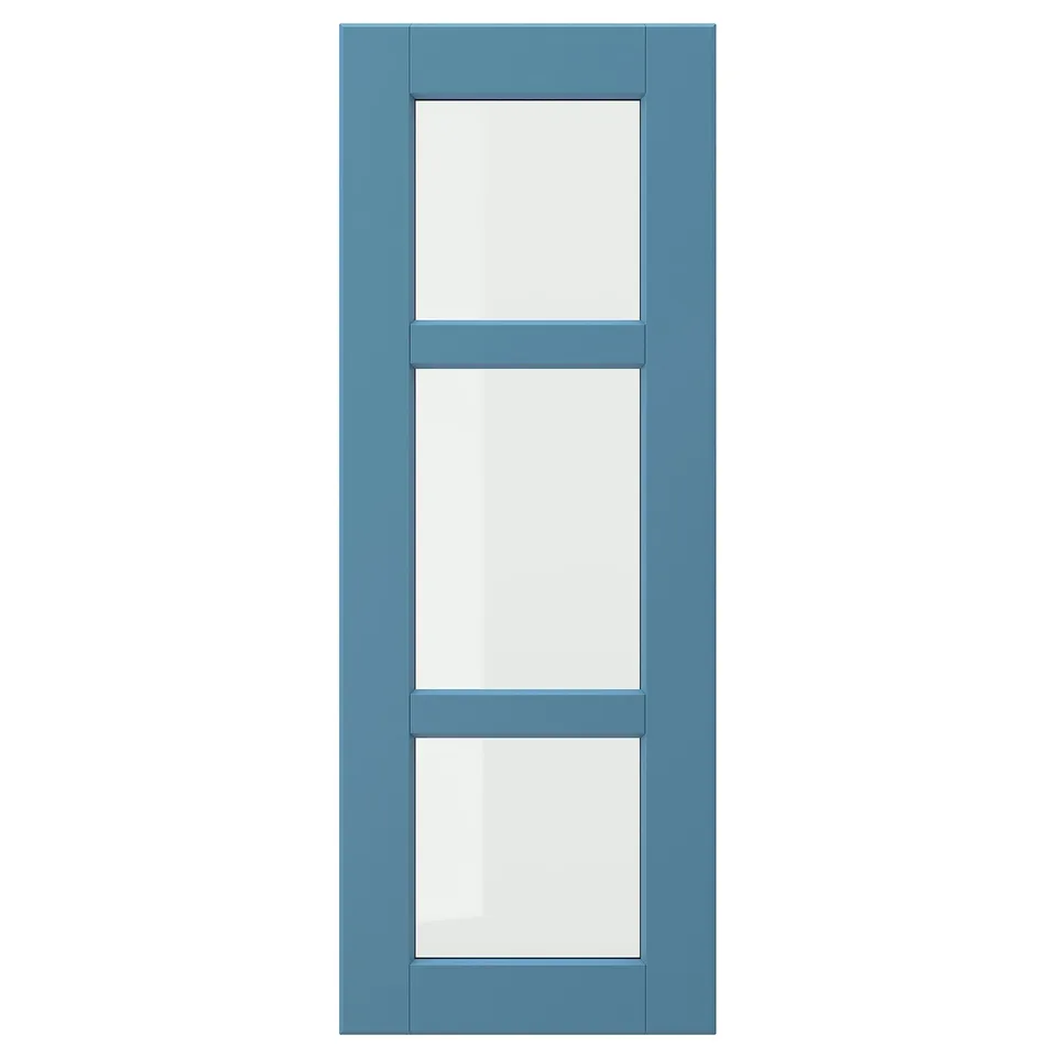 LERHYTTAN blue door, solid wood frame with frosted glass, rustic charm.