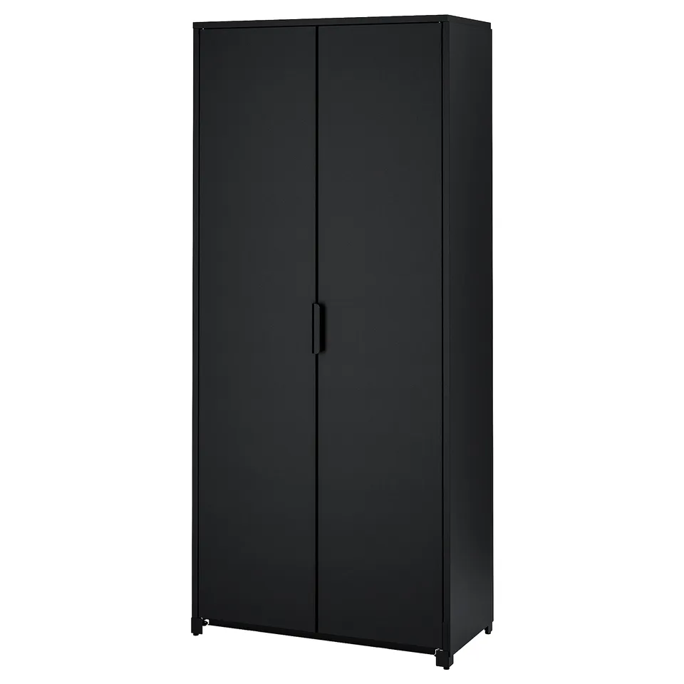Black BROR cabinet, tall and rectangular, made of steel with a smooth finish, suitable for various spaces.
