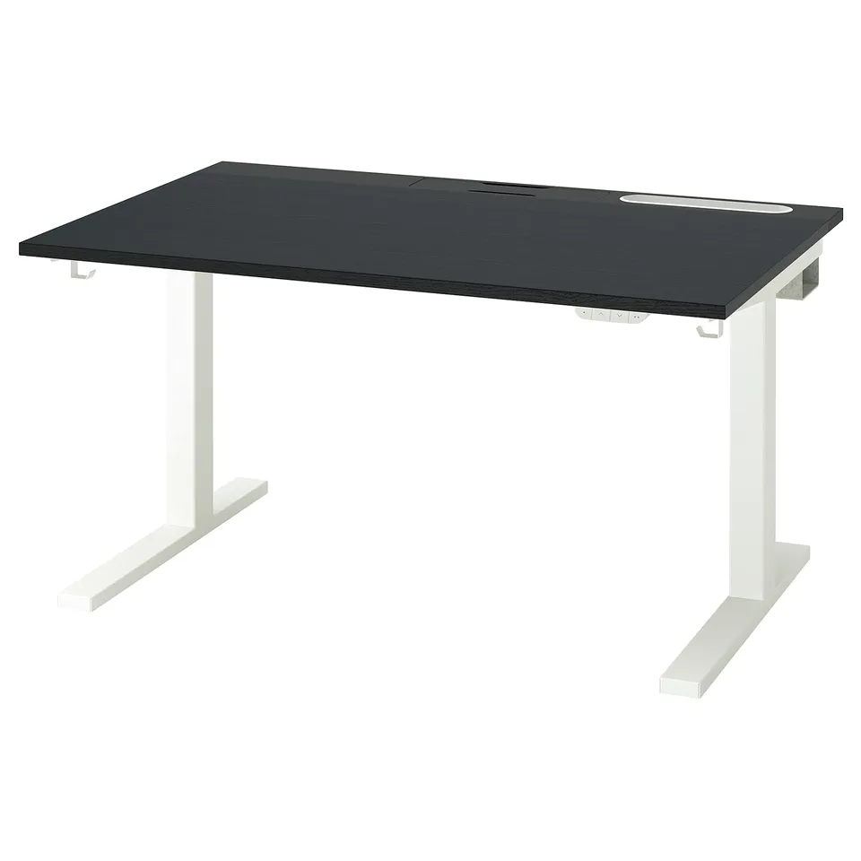 MITTZON desk: black rectangular top, white legs, height-adjustable.
