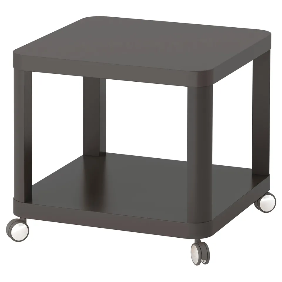 TINGBY grey mobile side table, square, with wheels.