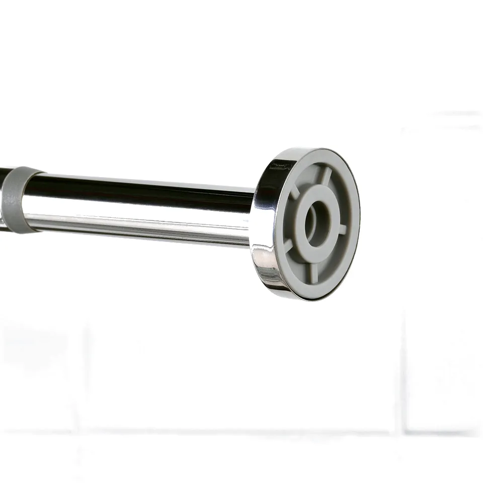 Close-up of sleek, modern shower curtain rod. Chrome finish, solid stainless steel, with visible threaded end and robust joint mechanism.
