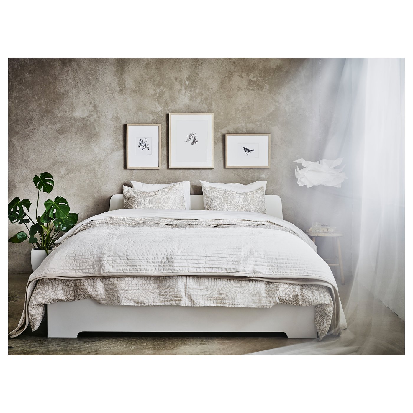 Minimalist bedroom with white bedding, three framed wall art, large leafy plant on left, and sheer white curtains on right.