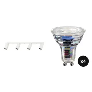 NYMÅNE/SOLHETTA set: ceiling spotlight with 4 spots + LED bulb GU10 345 lumen x4, white + dimmable, Length 73 x Height 12 x Width 7 cm
