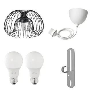 FÖRUT/HAVSDJUP/KALLFRONT/SOLHETTA set: pendant lamp shade + cord set + LED bulb E27 470 lumen + pendant/ceiling lamp hook, black + white + globe opal white, 52 cm