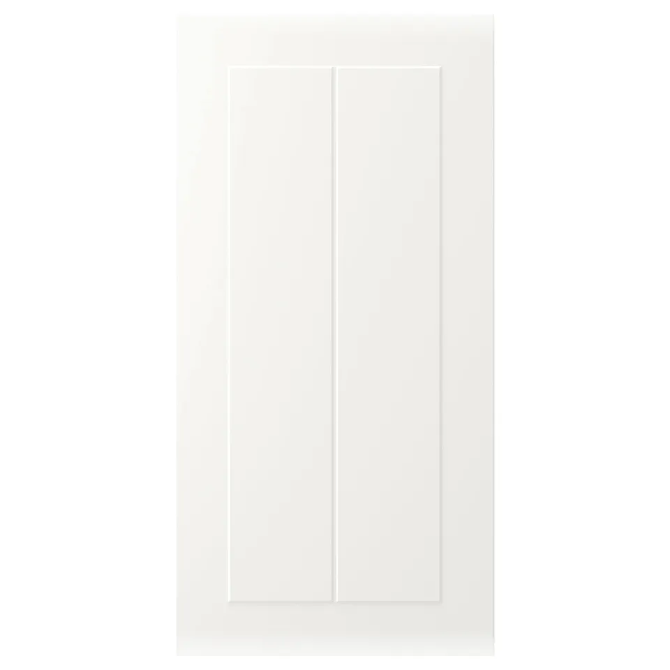 STENSUND white cabinet door, rectangular with vertical groove panel, smooth finish.
