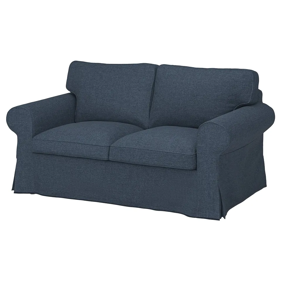 A blue EKTORP two-seat sofa with high back, soft cushions, and a timeless design.
