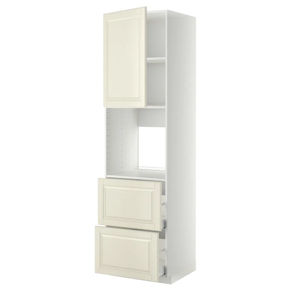 A METOD kitchen unit with off-white bevelled bodbyn fronts, featuring cabinets and drawers.