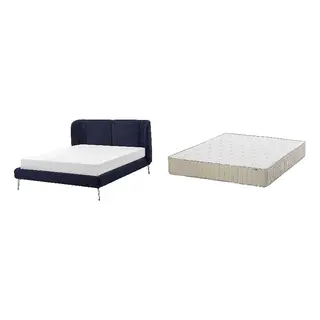 TUFJORD/VATNESTRÖM Bed with 26cm thick mattress, pocket sprung, natural materials,5 comfort zones, extra firm, Tallmyra black-blue/Luröy + extra firm/natural, Length 223 x Width 174 cm