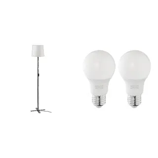 BARLAST/SOLHETTA set: floor lamp + LED bulb E27 806 lumen, black/white + dimmable/globe opal white, 150 cm