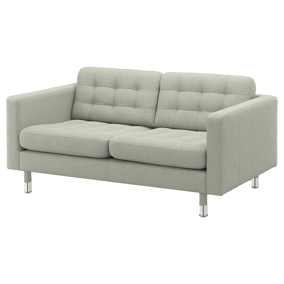 Modern light grey fabric loveseat with tufted back and seat, chrome legs, clean lines.