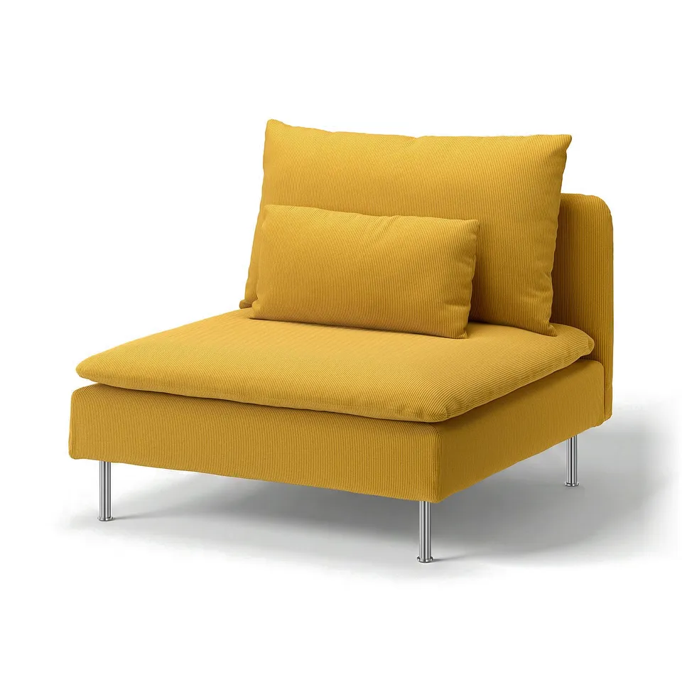Bright yellow chair, modern design, sturdy metal legs, comfortable corduroy fabric, perfect for living rooms.
