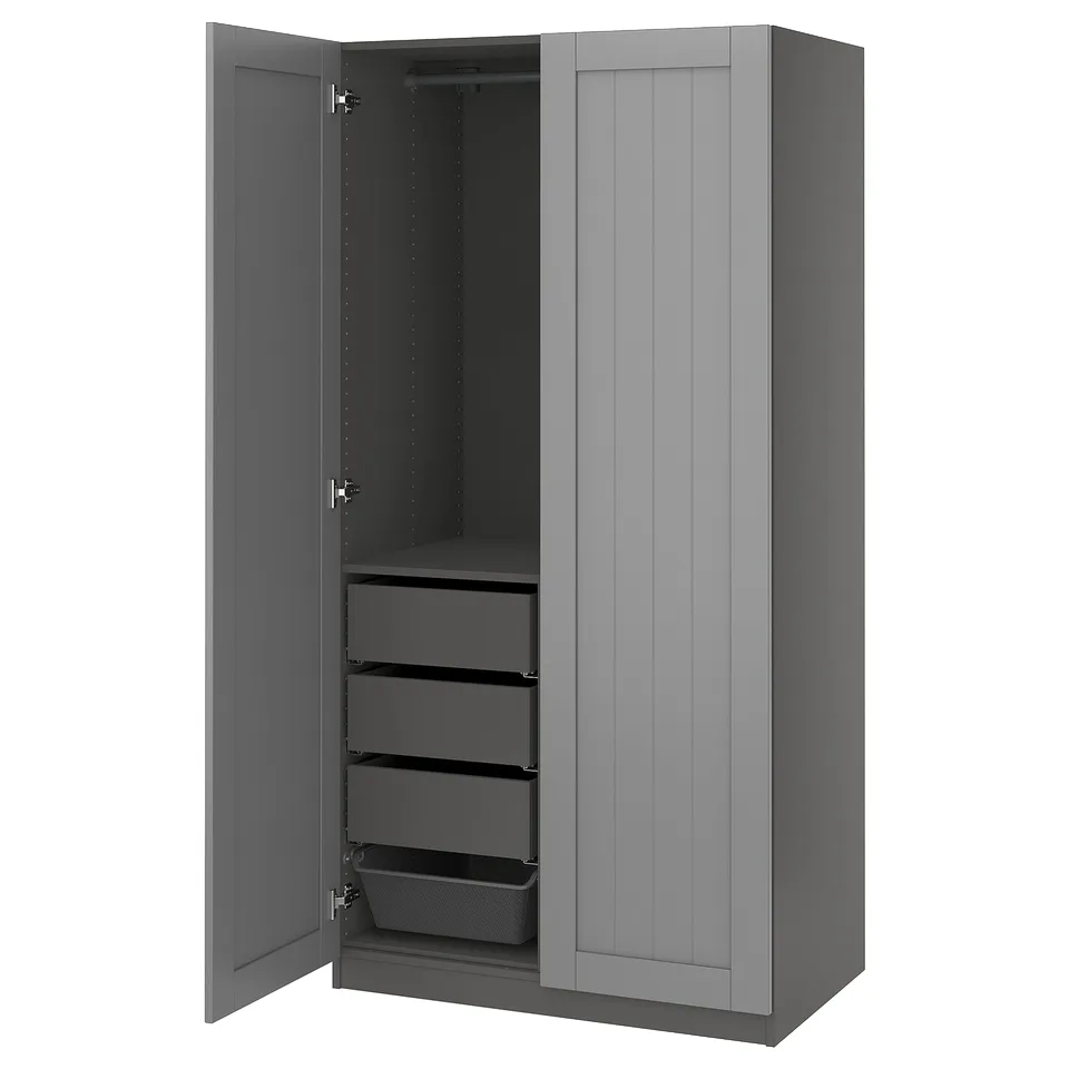 Grey PAX wardrobe: two-door, with shelves and drawers, modern design.