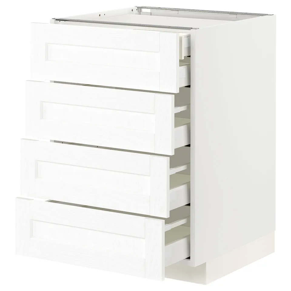White METOD kitchen cabinet with four enköping drawers. Minimalist, sturdy design.