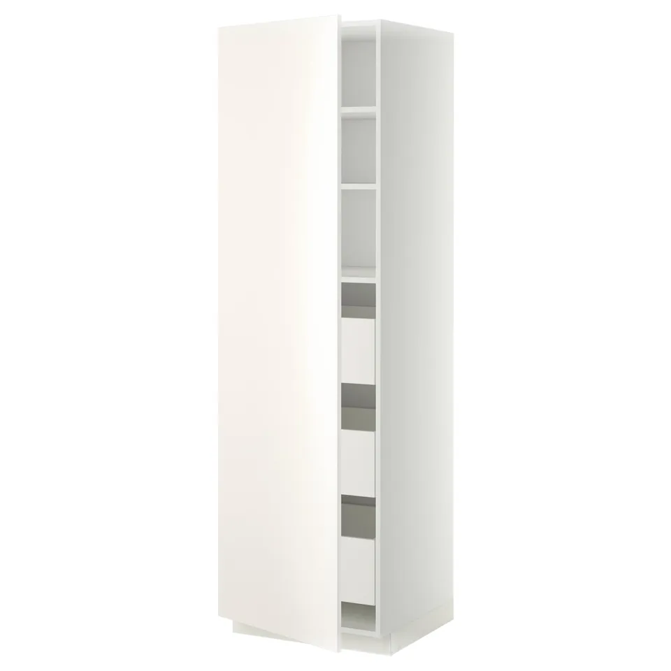 Displays a white METOD kitchen cabinet with smooth, modern design and adjustable shelves.