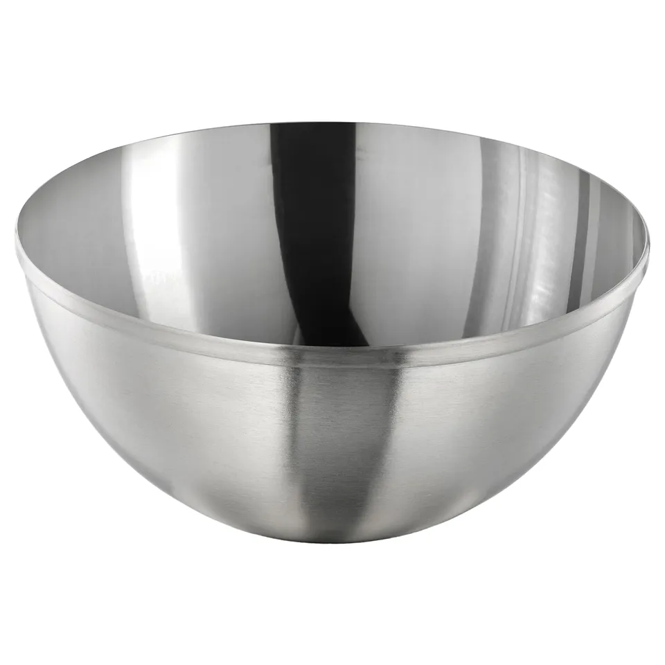 Stainless steel bowl, sleek design, polished with vertical brushing, white background.