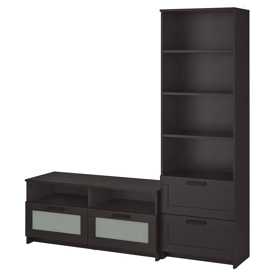 BRIMNES black tv stand & bookcase; wooden, rectangular, sleek design with drawers and adjustable shelves.