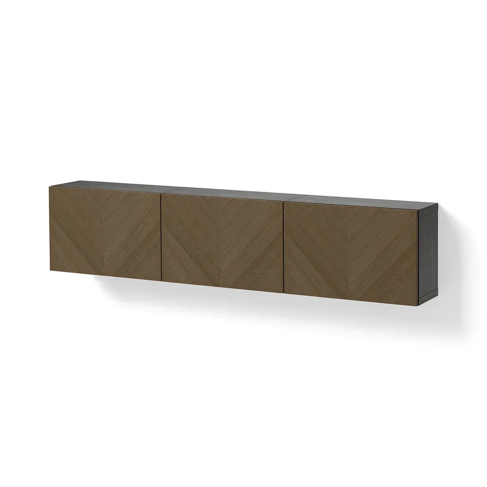 BESTÅ Wall-mounted cabinet combination, black-brown Hedeviken/brown stained oak veneer, 180x22x38 cm