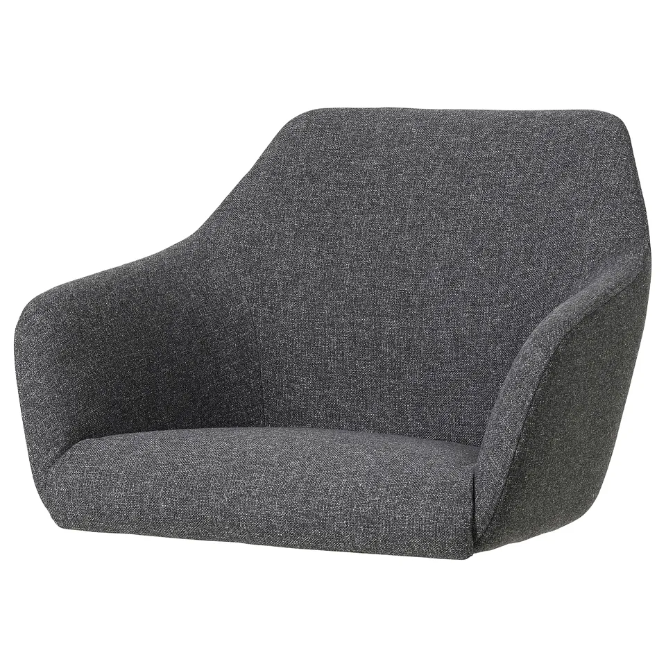 Dark grey modern upholstered chair with curved lines and recycled polyester fabric.