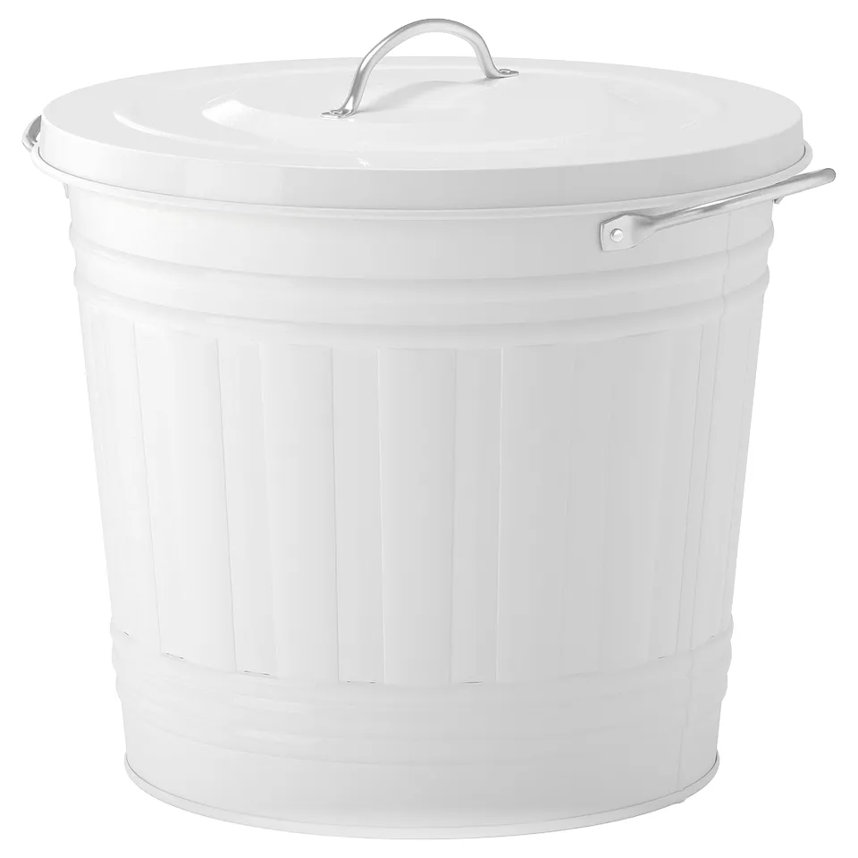 Round white storage bin with lid, handles, and under-lid hook.